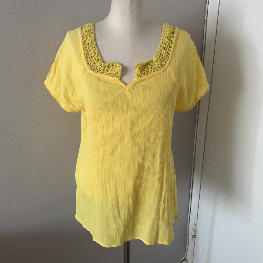 New Yellow Cotton Linen Gauze Crochet Top Medium